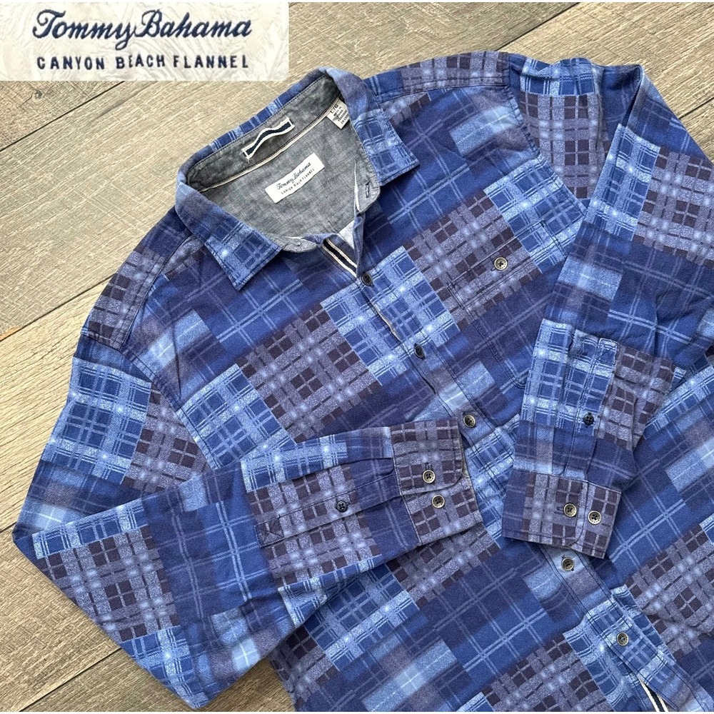 Tommy Bahama Canyon Beach Flannel Blue Patchwork Plaid Button Down Shirt Mens L